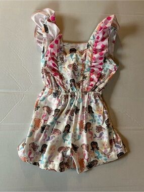 Girls' Mermaid Print Ruffle Romper - Pink & Cream